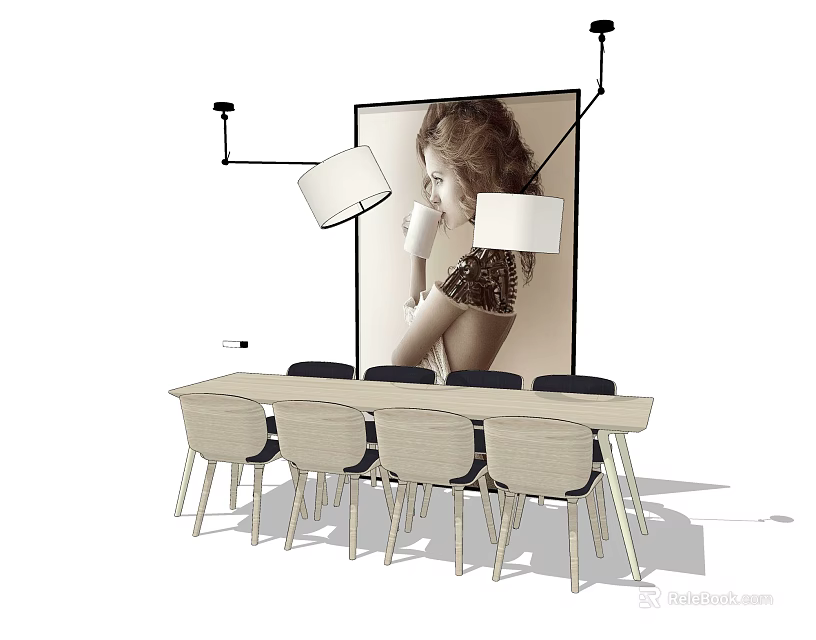Modern Dining Table Set With Long Table Matching Chairs Pendant Lights And Large Wall Photograph 3d model 