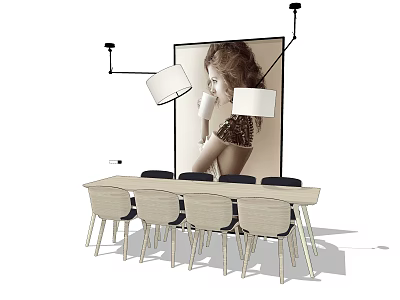 Modern Dining Table Set With Long Table Matching Chairs Pendant Lights And Large Wall Photograph 3d model