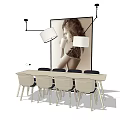 Modern Dining Table Set With Long Table Matching Chairs Pendant Lights And Large Wall Photograph