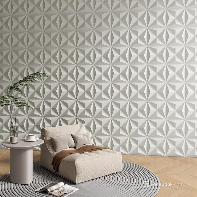 Geometric Patterned Accent Wall Behind Light Beige Sofa 3d model 
