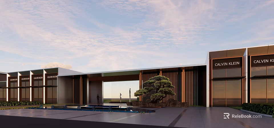 Modern Entrance Gate Design With Wooden Structure Water Pool And Pine Tree Under Clear Sky 3d model 