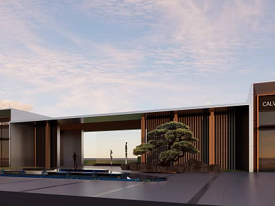 Modern Entrance Gate Design With Wooden Structure Water Pool And Pine Tree Under Clear Sky 3d model