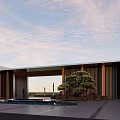 Modern Entrance Gate Design With Wooden Structure Water Pool And Pine Tree Under Clear Sky