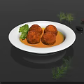 Three Juicy Meatballs In Red Sauce On White Plate With Green Garnish