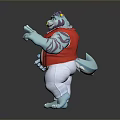 Blue Creature Character In Red Vest And White Pants With Yellow Head Decoration Pointing Forward