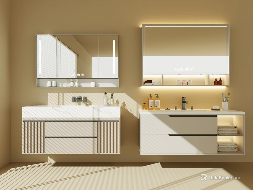 Modern Bathroom Vanity Cabinet With White Wall Mounted Design And Mirror Lighting 3d model
