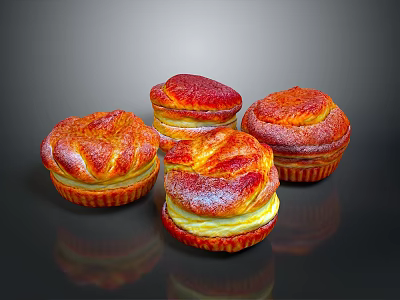 Fresh Appetizing Muffins With Red Top Yellow Filling And Powdered Sugar On Black Background 3d model