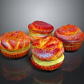 Fresh Appetizing Muffins With Red Top Yellow Filling And Powdered Sugar On Black Background