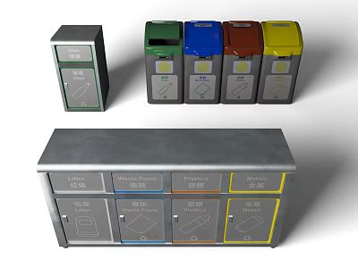 Waste Sorting Recycling Station With Colorful Bins And Compartmentalized Containers 3d model