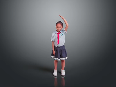 Woman in School Uniform with Red Scarf Standing Against Gray Background Raising Right Hand 3d model