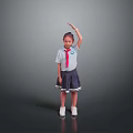 Woman in School Uniform with Red Scarf Standing Against Gray Background Raising Right Hand