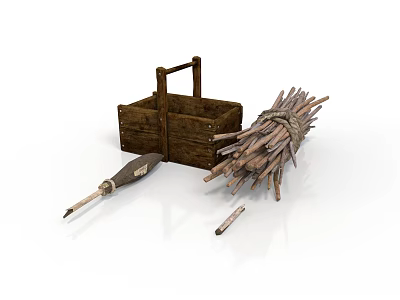 Rustic Wooden Basket With Bundle Of Sticks And Handled Tool On White Background 3d model