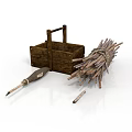 Rustic Wooden Basket With Bundle Of Sticks And Handled Tool On White Background