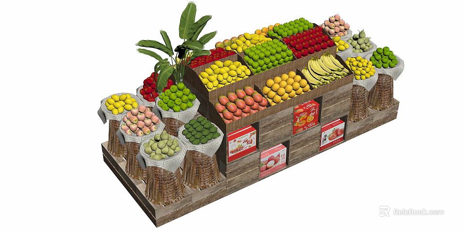 Fruit Display Shelf with Assorted Fresh Fruits Wooden Structure and Plant Decor 3d model 