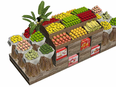 Fruit Display Shelf with Assorted Fresh Fruits Wooden Structure and Plant Decor 3d model