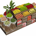 Fruit Display Shelf with Assorted Fresh Fruits Wooden Structure and Plant Decor