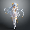 Fantasy Female Character With Silver White Twintails Yellow Floral Hairpieces And Transparent White Gold Outfit