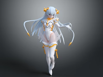 Fantasy Female Character With Silver White Twintails Yellow Floral Hairpieces And Transparent White Gold Outfit 3d model