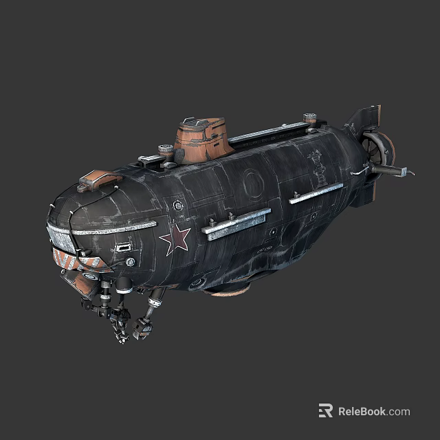 Vintage Military Submarine With Red Star Emblem Dark Metal Exterior And Retro Mechanical Details 3d model 