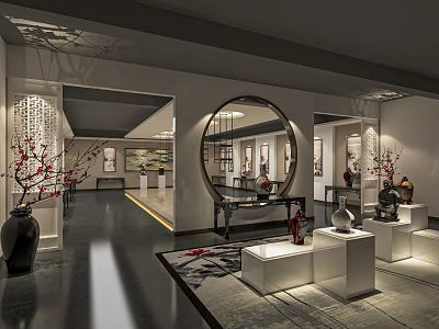 Traditional Chinese Cultural Center Interior Featuring Circular Mirror Display Platforms and Red Flower Vases 3d model