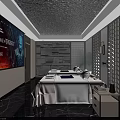 SPA Sauna Relaxation With Blue Beds Red Dark Wood Arched Doorway TV Screen Wooden Floor