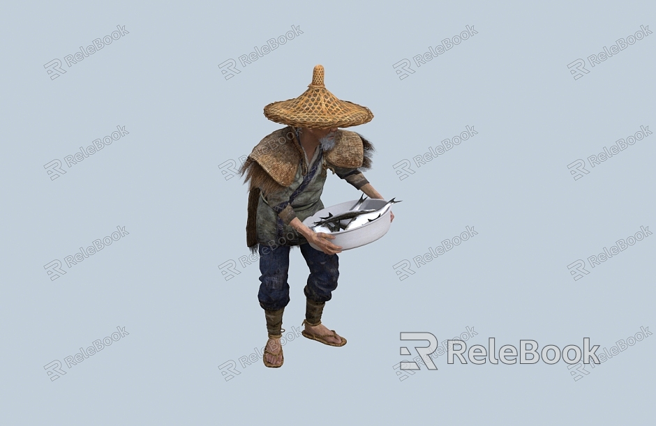 Chinese Man Minority Character Hat Gourd Wine Pot Fish Basket Male Coir Clothes Old Man Fisherman Farmer Fish model