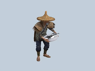 Man in traditional clothing wearing straw hat holding white basin with fish 3d model