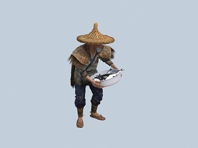 Chinese Man Minority Character Hat Gourd Wine Pot Fish Basket Male Coir Clothes Old Man Fisherman Farmer Fish model