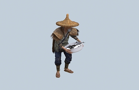 Chinese Man Minority Character Hat Gourd Wine Pot Fish Basket Male Coir Clothes Old Man Fisherman Farmer Fish 3d model