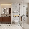 Modern Elegant Bathroom Interior With Round Mirror Wooden Vanity And Patterned Wall 3d model