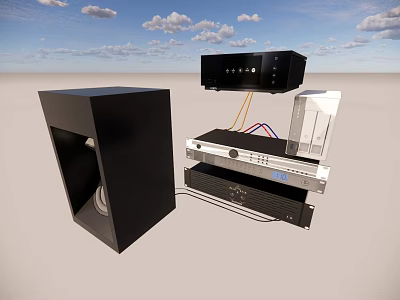High Quality Audio Speakers With Modern Black Cabinet Silver Amplifier And Audio Cables 3d model
