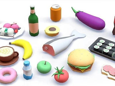 Fish Surrounded By Various Foods Such As Banana Apple Burger Sushi And Drinks 3d model