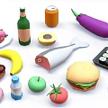 Fish Surrounded By Various Foods Such As Banana Apple Burger Sushi And Drinks