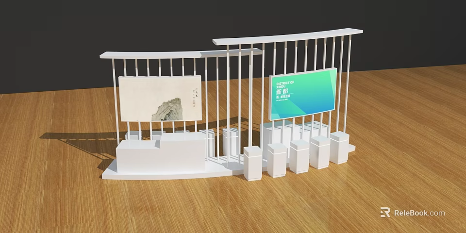 Commercial Display Equipment With White Curved Frame Digital Screens And Product Platforms 3d model 