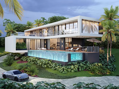Modern Detached Villa With Infinity Pool Palm Trees And Lush Tropical Landscaping 3d model
