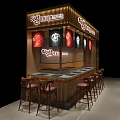 Modern Wooden Bar Counter With High Stools And Decorative Lighting Signage