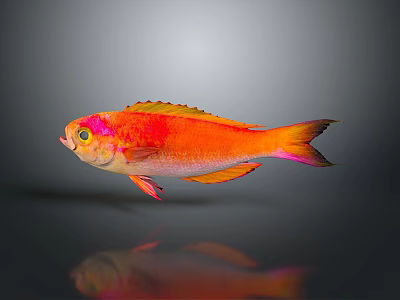 Colorful Orange And Pink Toy Fish With Reflection On Gray Background 3d model