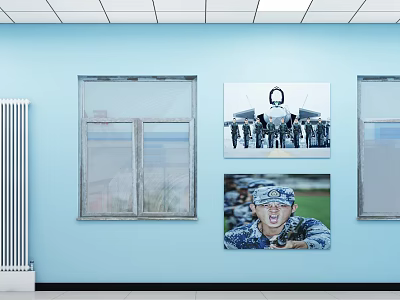 Office Corridor Interior Featuring Light Blue Walls Fighter Jet and Military Personnel Photos by Windows 3d model