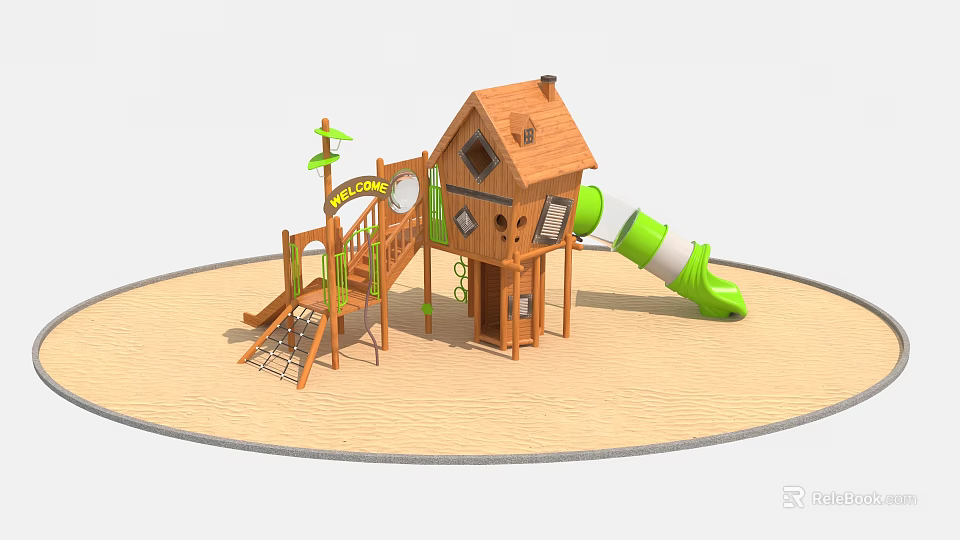 Outdoor Wooden Playground Playhouse With Green White Slide Climbing Net Small Windows And Ladder 3d model 