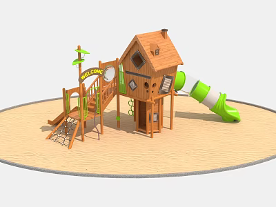 Outdoor Wooden Playground Playhouse With Green White Slide Climbing Net Small Windows And Ladder 3d model