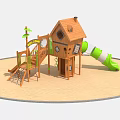Outdoor Wooden Playground Playhouse With Green White Slide Climbing Net Small Windows And Ladder