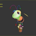 Cartoon Ant Featuring White Head Blue Eyes Orange Black Body Holding Tool And Wooden Bucket