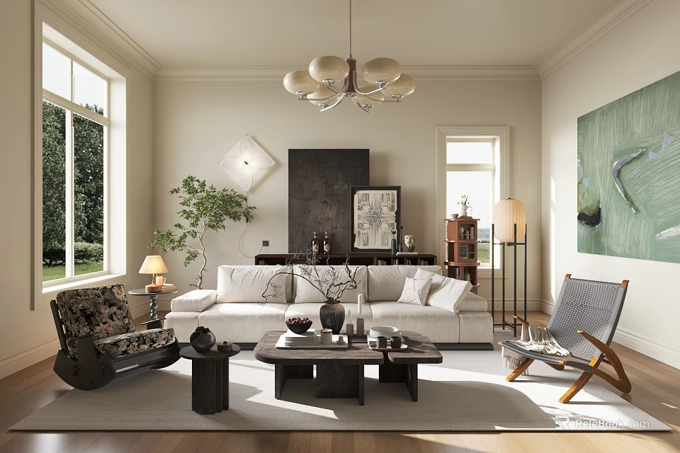 Bright Living Room Interior With White Sofa Coffee Table Chandelier Large Windows And Green Plant 3d model 