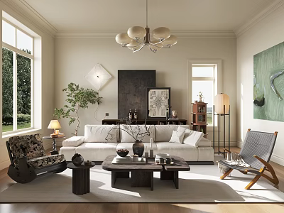Bright Living Room Interior With White Sofa Coffee Table Chandelier Large Windows And Green Plant 3d model