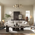Bright Living Room Interior With White Sofa Coffee Table Chandelier Large Windows And Green Plant