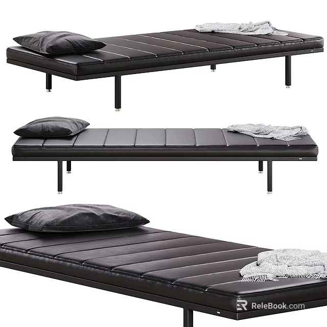 Black Leather Sofa Bench With Soft Pillows And Decorative Blanket For Living Room Decor 3d model 