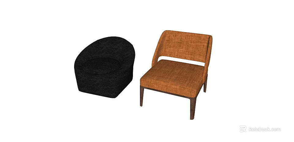 Black Round Padded Single Sofa and Orange Modern Single Sofa with Backrest and Wooden Legs 3d model 