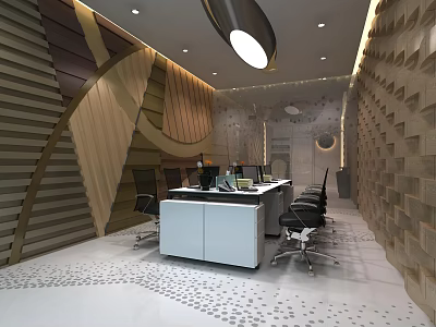 Modern Public Office Space With White Desk Black Chairs Curved Wood Walls Polka Dot Floor 3d model