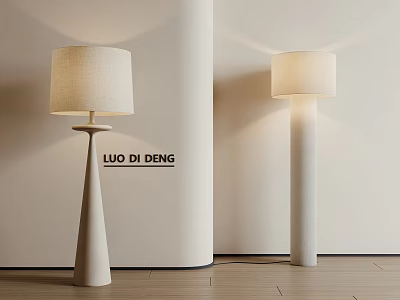Modern Minimalist Floor Lamps with Light Linen Shades Conical and Cylindrical Bases on Wooden Floor 3d model