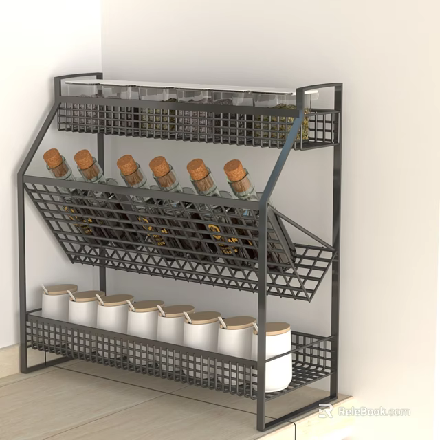 Organized Kitchen Storage With Multi Layer Metal Rack Holding Spice Bottles And White Jars 3d model 